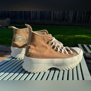 Converse high top platforms. Woven camel fabric with embroidery detail.
